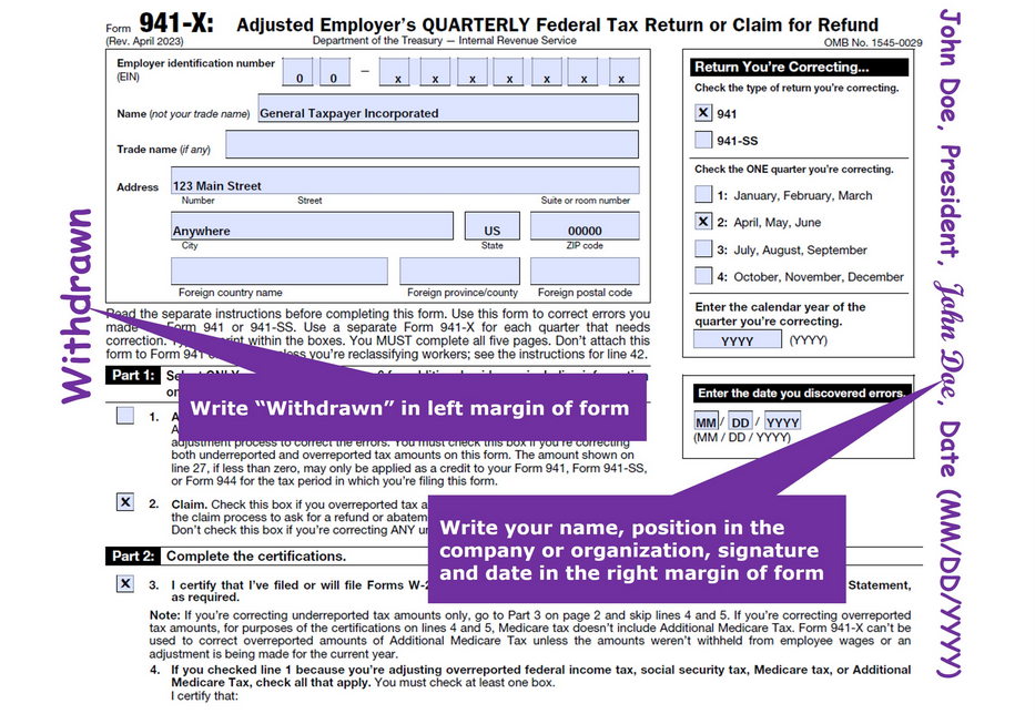 Marked Up Form 941-X on Which the ERC Is Claimed.png